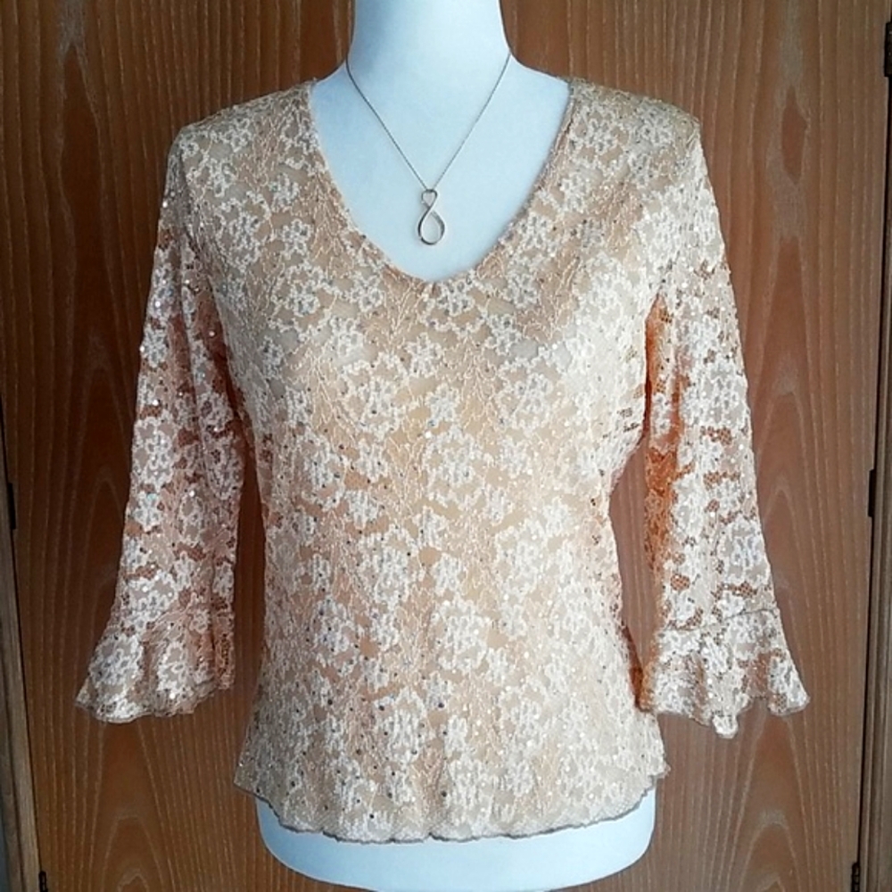 Y2K Whimsy Fairy Lace Top Bell Sleeve Sheer Floral Size S/M Sequin Sparkle Layer